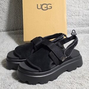 UGG Cady Women Black Suede Leather Platform Sport Sandals Size 9 USA‎ NEW